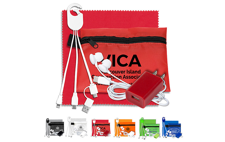 Mobile Tech Charging Kit with Earbuds, Charging Cable and Charger In Zipper Pouch